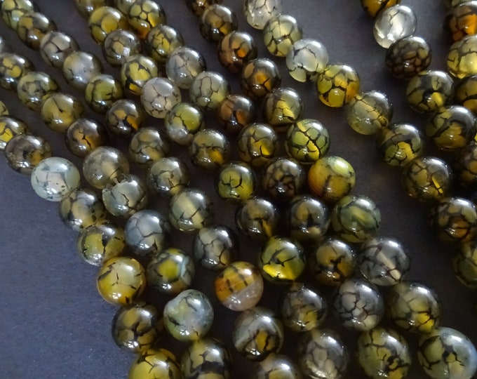 8mm Natural Dragon Vein Agate Ball Beads, Dyed, 15 Inch Strand With About 48 Beads, Yellow Gemstone, Polished, Transparent, Veined Bead