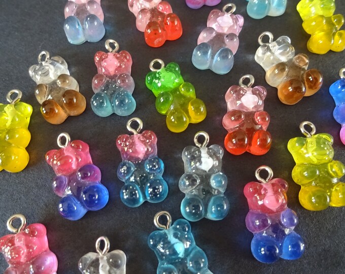 20 PACK 21x11mm Resin Bear Charms With Iron Loops, Glittery Teddy Bear Pendants, Mixed Color Bears, Transparent Gummy Bears, Lightweight