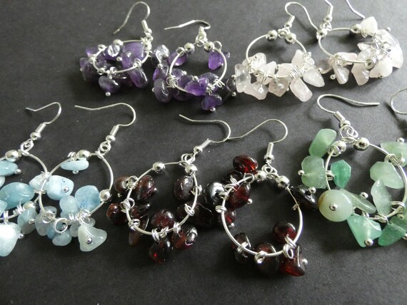 Natural Gemstone Earrings, Dangle Ring With Stone Gem Chips, Fish Hook, 5  Natural Stone Options, Amethyst, Garnet, Quartz and More, 47mm -  Canada