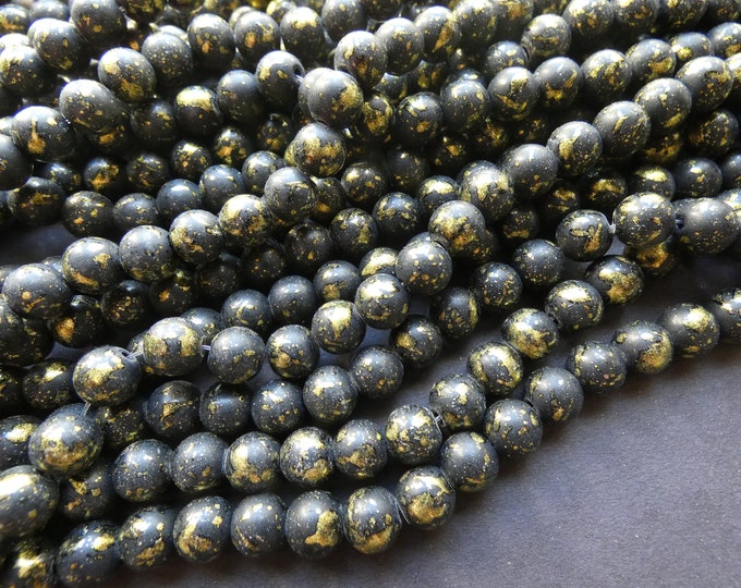 31 Inch 8mm Baked Glass Bead Strand, 8mm Ball Beads, Dyed, About 100 Beads Per Strand, Black and Gold, Metallic, 1mm Hole, Painted, Round