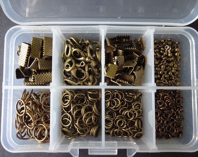 Mixed Jewelry Making Finding Kit, Bronze Color Metal Findings, Jump Rings, Lobster Claw Clasps, Mixed Lot, With Organizer