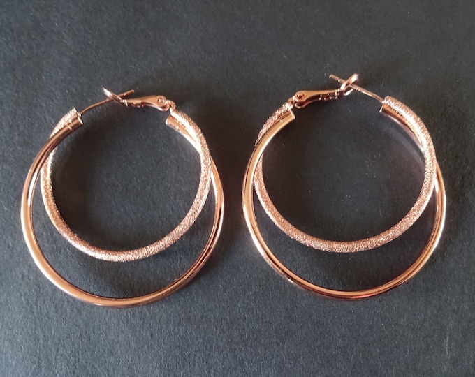 Brass & Sterling Silver Rose Gold Double Hoop Earrings, Hypoallergenic, 43-44mm, Round Hoops, Set Of Earrings, Textured Hoops