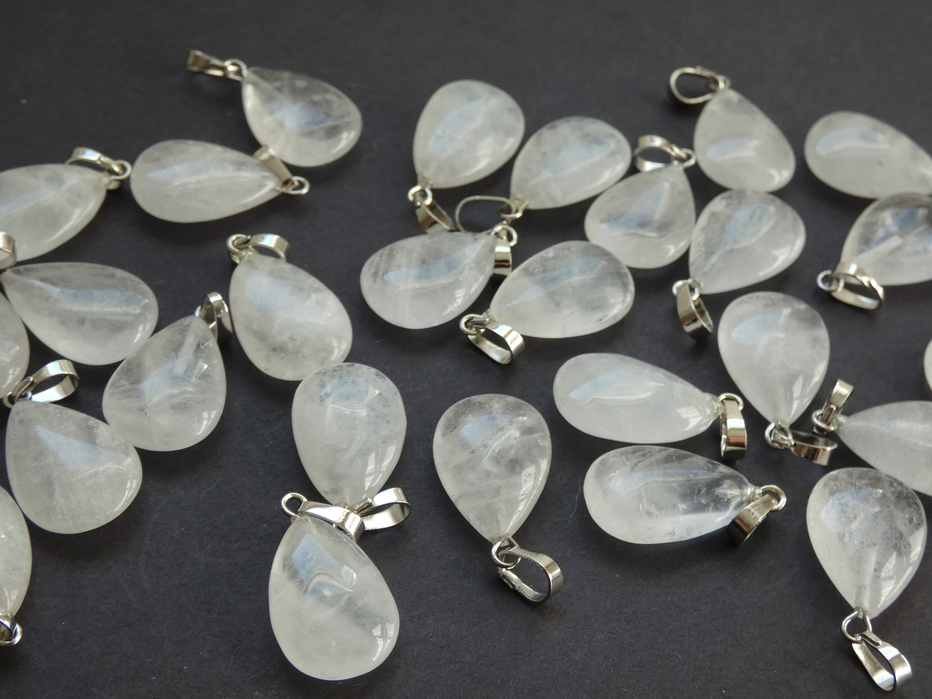 23mm Natural Clear Quartz Pendant With Brass Loop, Stone Teardrop Charm, Polished, Gemstone