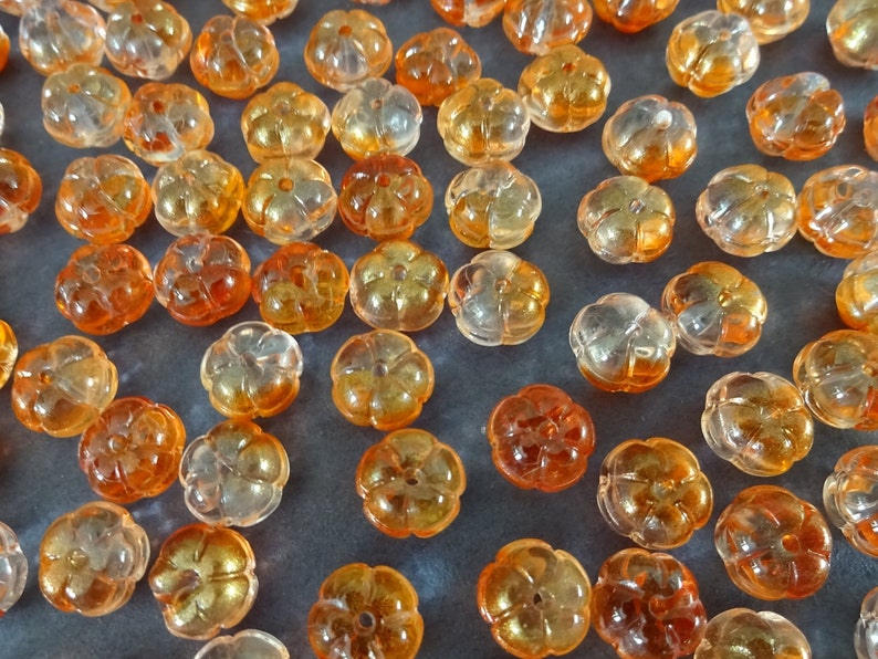 9.5-10mm Glass Pumpkin Beads, Orange Fall Pumpkins, Halloween Bead, Food Bead, Small Glass Beads, Halloween Jewelry, 1.2mm Holes image 1