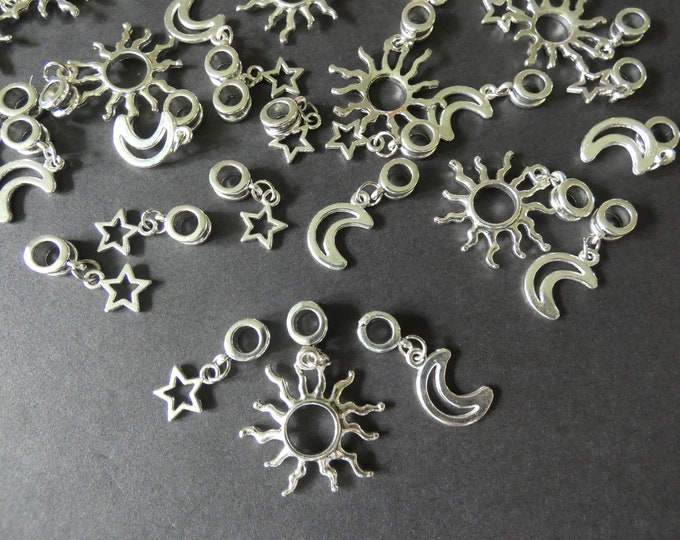 25-38mm Alloy Metal Dangles, Sun, Moon & Star, Spiral Drop Bead, European Style, Cute Jewelry Charms, Celestial, Solar Theme, Silver Color