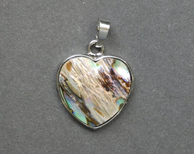 25mm Natural Abalone & Paua Shell Pendant, Platinum Tone Brass Bail, Polished Gem, Large Charm, Gemstone Jewelry, Shell Heart, Heart Pendant