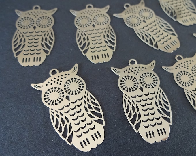 5 PACK 36mm 201 Stainless Steel Owl Pendant, Silver Color Pendant, Filigree Pendant, Stainless Steel, Filigree Design Pendant, Bird