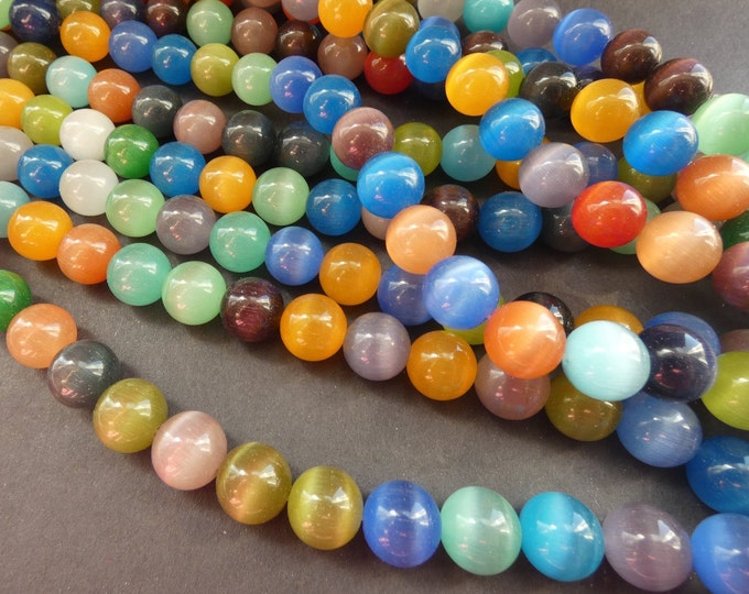 14.5 Inch 12mm Cat Eye Glass Ball Bead Strand, About 32 Cat's Eye Beads, Mixed Color Rainbow, Drilled Cateye Glass Bead, Rainbow Glass Stone