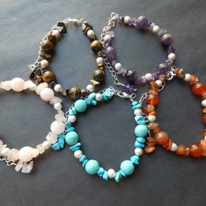 Natural Gemstone Chip Bracelet, 7 Colors, Handcrafted Stone & Brass Bracelet, One Size Fits Most, Amethyst, Carnelian, Quartz and More!