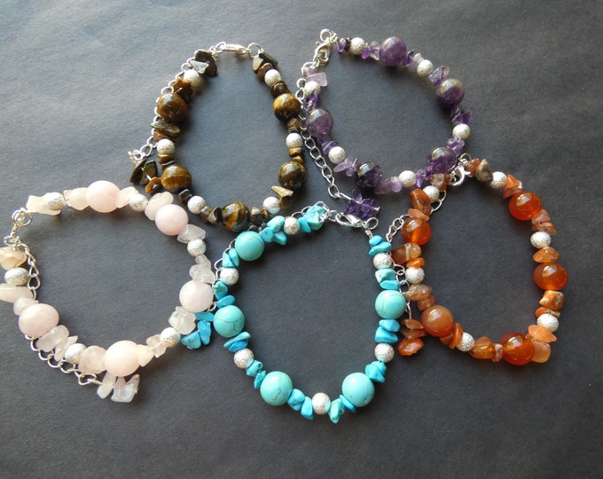 Natural Gemstone Chip Bracelet, 7 Colors, Handcrafted Stone & Brass Bracelet, One Size Fits Most, Amethyst, Carnelian, Quartz and More!