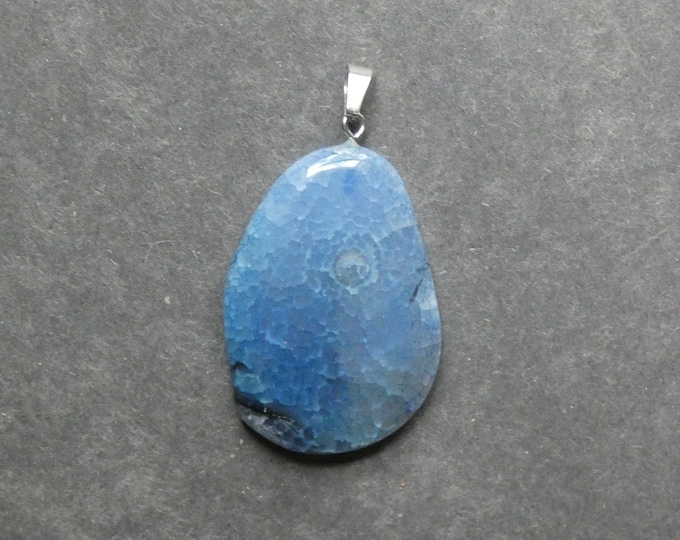 51x32mm Natural Crackle Agate Pendant with Silver Color Plated Iron Clasps, Gemstone Pendant, Teardrop, Blue Pendant, Dyed, One of a Kind