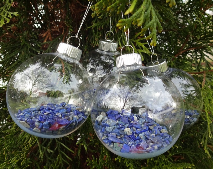 SET OF 4 Handmade Natural Lapis Lazuli Gemstone Christmas Ornaments, Plastic Globe, Stretchy Nylon Cord, Blue Crystal Chips Inside!