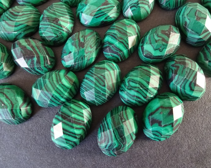 18x13mm Synthetic Malachite Cabochon, Faceted, Synthetic Oval Gemstone Cabochon, Green Stone, Polished Gem, Black and Green Swirl Cabochon