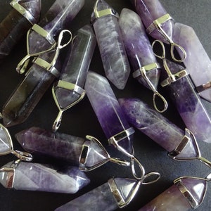 41-43mm Natural Amethyst Pendant With Brass, Faceted, Bullet Shaped, Polished Gem, Gemstone Jewelry Pendant, Purple and Silver Metal