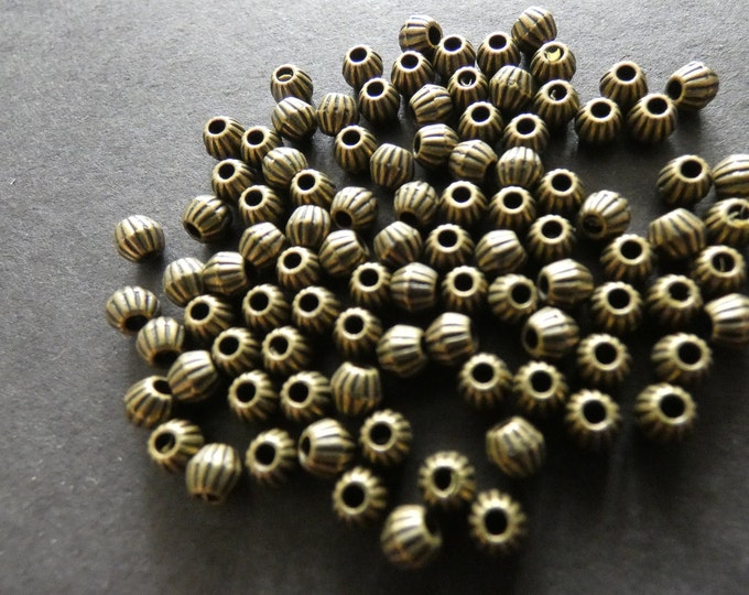 100 PACK 4.5mm Alloy Metal Bicone Beads, Antiqued Bronze Color, Tibetan Style Metal Spacer, Engraved Lines, Vintage Theme Lined Spacer