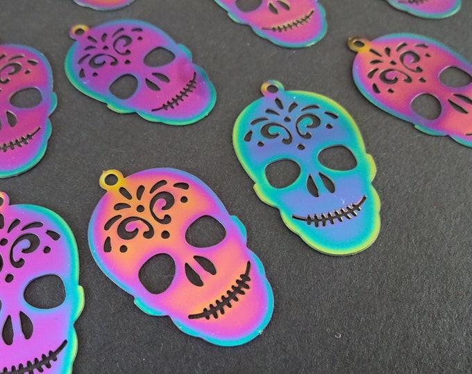 5 PACK 34mm 201 Stainless Steel Sugar Skull Pendant, Multi Color Pendant, Etched Metal Pendant, Stainless Steel, Rainbow Metal, Oil Slick