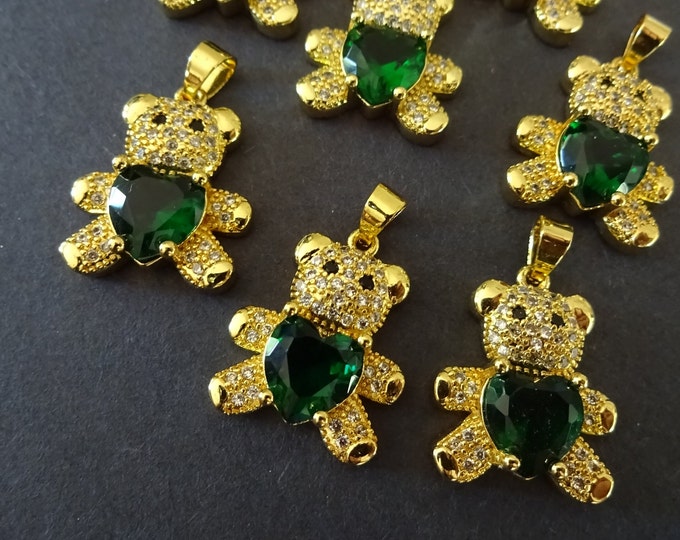 19.5mm Gold Plated Brass Bear Pendant with Cubic Zirconia, 18k Gold Plated, Green Cubic Zirconia, Bear Pendant, Cute Teddy Bear Charm
