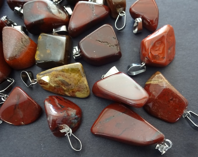 15-35mm Natural Red Rainbow Jasper Pendant With Stainless Steel Snap On Bail, Jasper Crystal Charm, Polished, Gemstone Pendant, Red & Silver