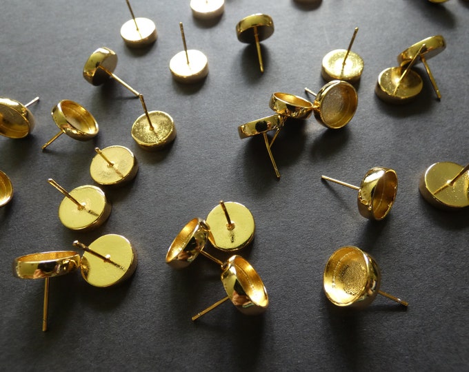 15mm Brass Stud Earring Settings, Fits 10mm Round Stone, Shiny Golden Stud, .8mm Pin, Ear Posts, Flat Round Studs, Earring Making Supply