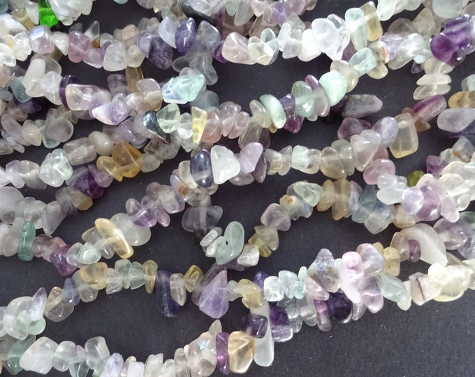 31.5 Inch 5-8mm Natural Fluorite Bead Strand, About 200 Stones, Green and Purple, Natural Polished Nuggets, Drilled Fluorite Chip Stones