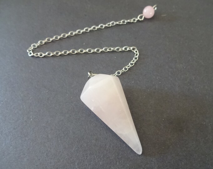 41mm Natural Rose Quartz Dowsing Pendulum Pendant With Brass Cross Chain, Healing Pendant, Crystal & Silver Chain, Pointed Bullet Pendant