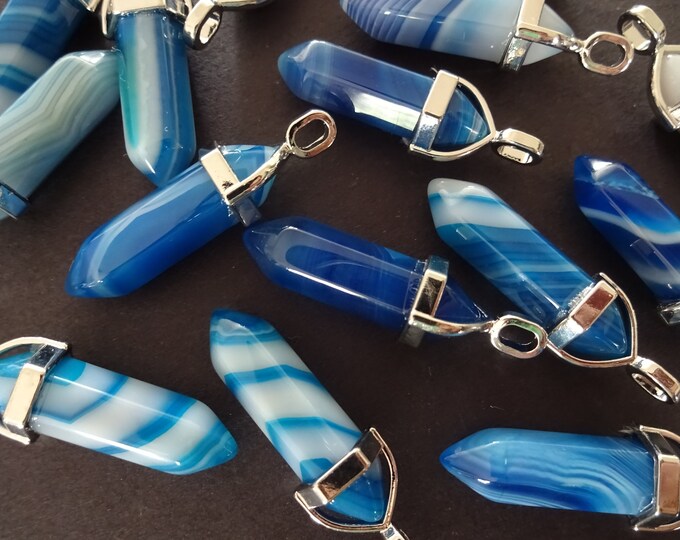 37-40mm Natural Banded Agate Pendant With Metal Loop, Dyed, Faceted, Bullet Shaped, Polished Gem, Gemstone Jewelry Pendant, Blue and White