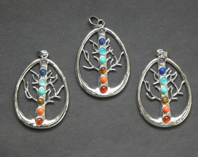 48mm Chakra Tree Alloy Metal Pendant, Bezel Gemstone Pendant, Tree Chakra Charm, 48x34x4mm, Chakra Jewelry, Silver Color and Stones