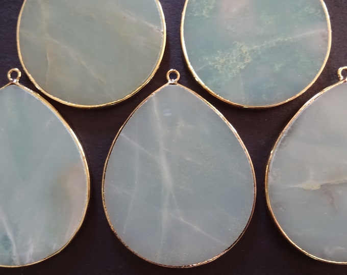 41x32mm Natural Amazonite Pendant With Golden Brass Setting, Teardrop Amazonite Slice Stone Pendant, Large Charm, Polished Gemstone Jewelry
