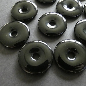 25mm Natural Black Agate Donuts, Polished Natural Gemstone Component, Round Agate Stone, Wire Wrapping Stone, Shiny Solid Black, 5mm Hole