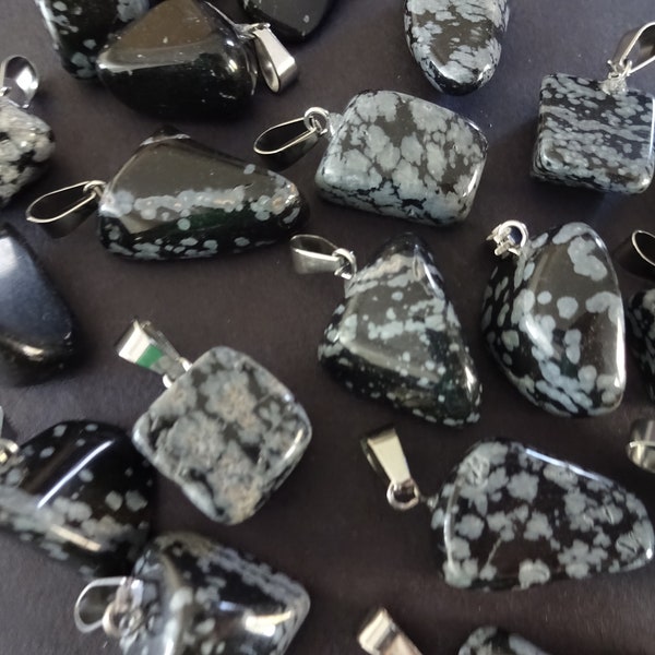 15-35mm Natural Snowflake Obsidian Pendant With Stainless Steel Snap On Bail, Obsidian Crystal Charm, Polished Stone Pendant, Black & Silver