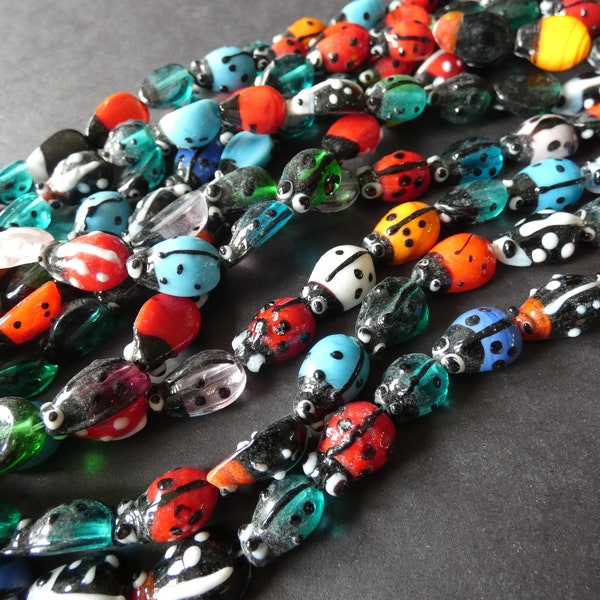 12 Inch 15mm Lampwork Glass Ladybug Bead Strand, About 20 Lampwork Beads, Mixed Rainbow Color, Cute Kid Bead, Great For Kid's Jewelry Making