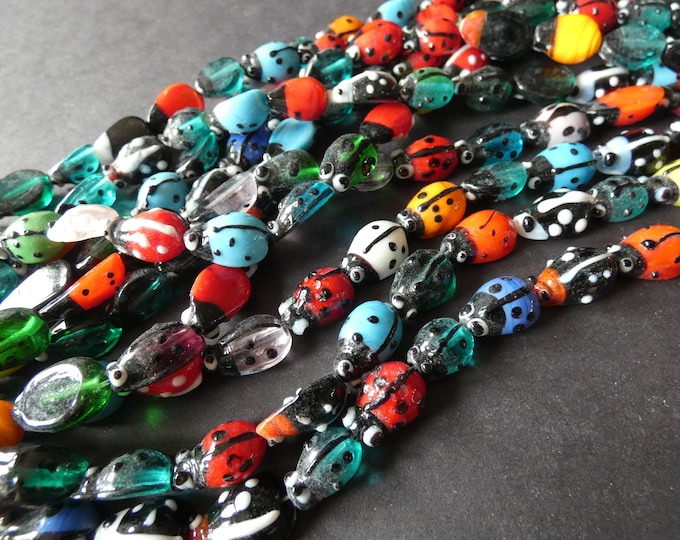 12 Inch 15mm Lampwork Glass Ladybug Bead Strand, About 20 Lampwork Beads, Mixed Rainbow Color, Cute Kid Bead, Great For Kid's Jewelry Making