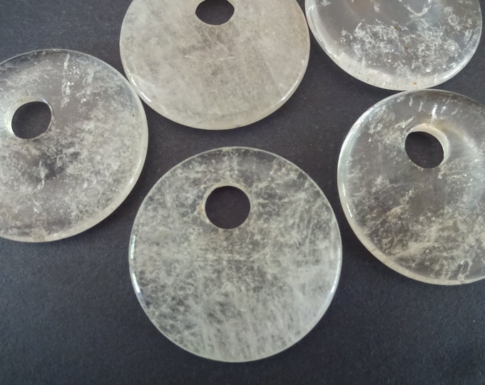 45mm Natural Clear Quartz Pendant, Donuts, Clear, Polished Gem, Natural Gemstone Component, Round Quartz Stone, Wire Wrapping Stone