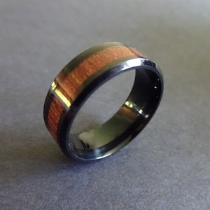 Titanium and Acacia Wood Ring, Handcrafted Titanium Steel Band, Black Men's Ring, Men's Jewelry, Gunmetal Color With Wooden Stripe