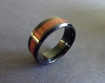 Titanium and Acacia Wood Ring, Handcrafted Titanium Steel Band, Black Men's Ring, Men's Jewelry, Gunmetal Color With Wooden Stripe