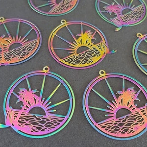 5 PACK 32.5mm 201 Stainless Steel Sunset Pendant, Multi Color Pendant, Filigree Pendant, Stainless Steel, Rainbow Metal, Oil Slick