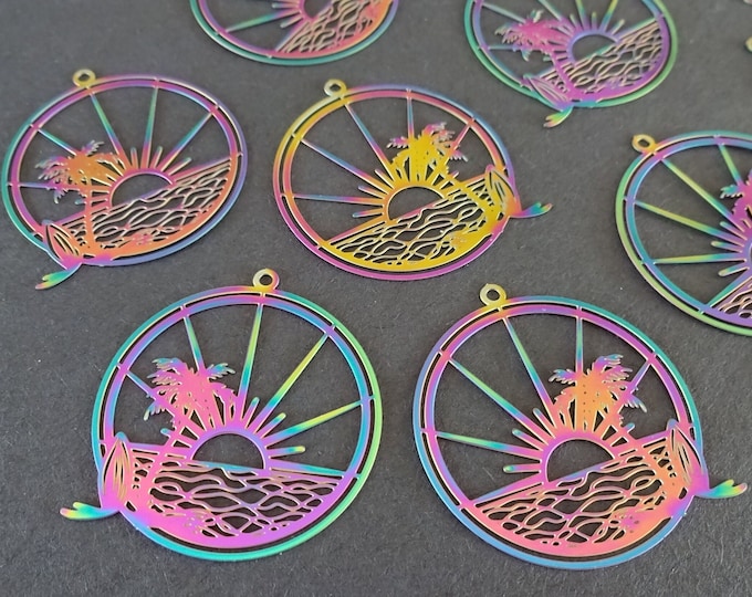 5 PACK 32.5mm 201 Stainless Steel Sunset Pendant, Multi Color Pendant, Filigree Pendant, Stainless Steel, Rainbow Metal, Oil Slick