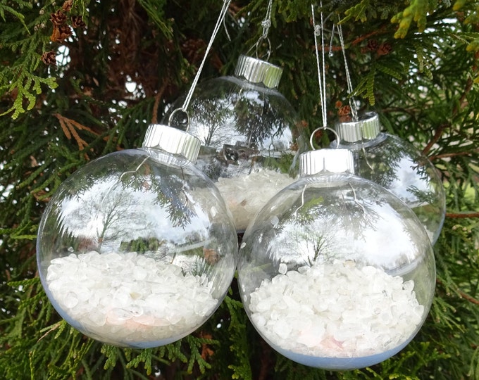 SET OF 4 Handmade Natural Quartz Gemstone Christmas Ornaments, Clear Plastic Globe, Stretchy Nylon Cord, Clear Crystal Chips Inside!