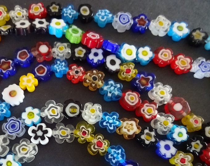 6.4-9mm Handmade Glass Millefiori Flower Beads, 15.75 Inch Strand Of About 56 Glass Beads, Multicolor Bead, Floral Pattern, Small Flowers