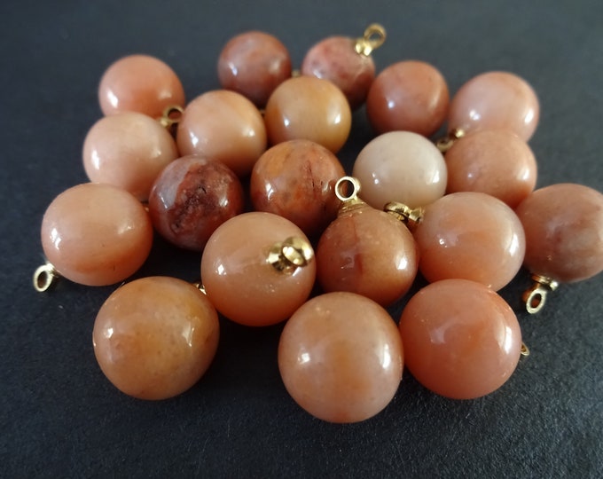 14x10.5mm Natural Pink Aventurine Ball Charm With Brass Loop, Polished Gem, Gemstone Pendant, Pink & Gold Color Loop, Gemstone Charm