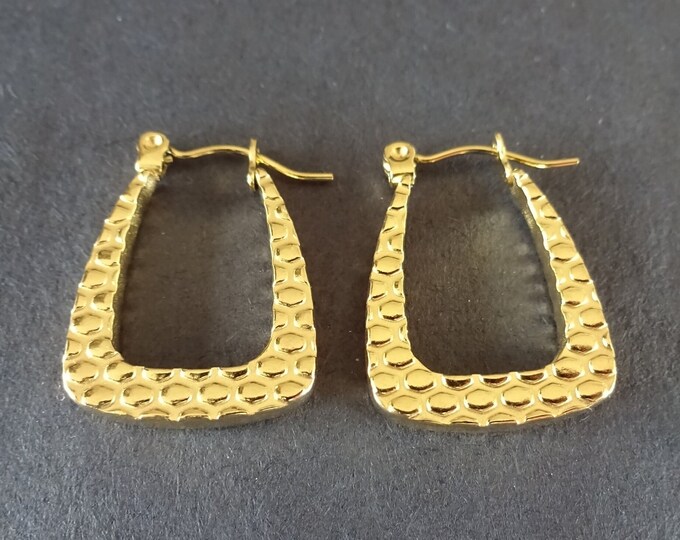 Stainless Steel Gold Trapezoid Hoop Earrings, Hypoallergenic, Ion Plated, Textured Hoops, Set Of Golden Earrings, 23mm, Large Trapezoids