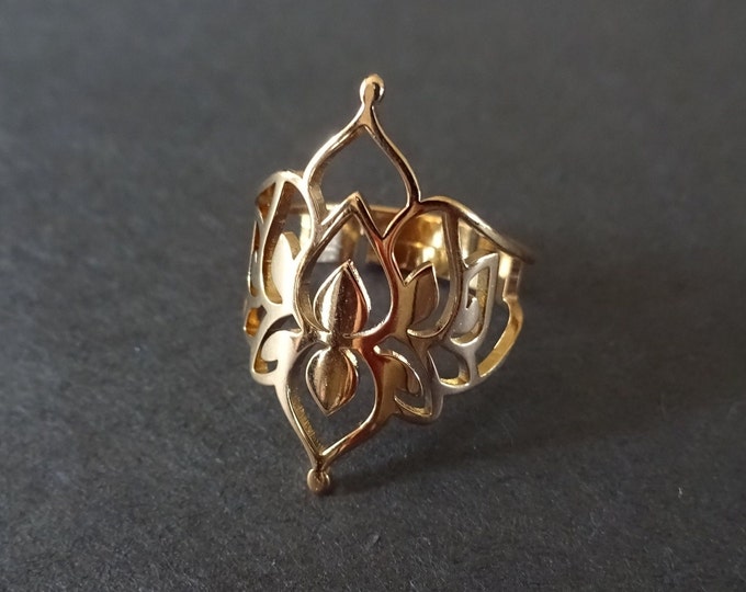 Adjustable Lotus Ring, Rose Gold Color Buddha Lotus Design Band, Resizable Ring, Elegant Shiny Metal Band, Flower Ring, Buddhist Purity Ring