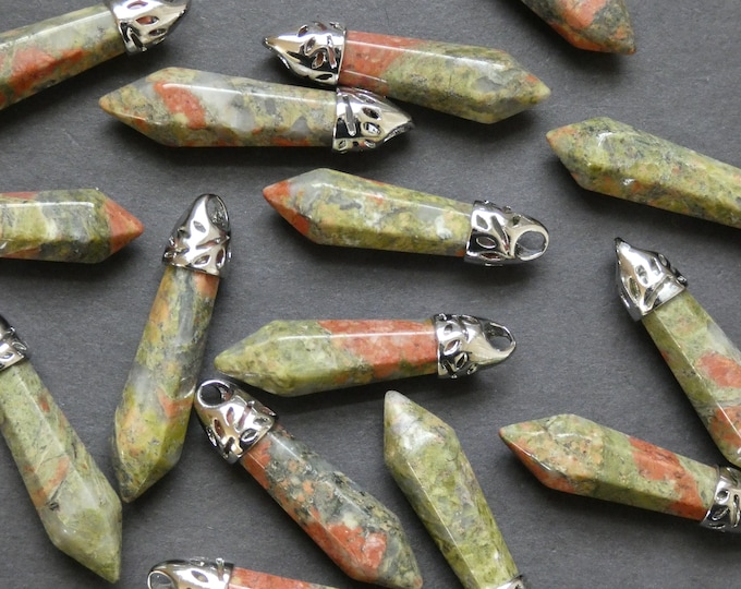 33-40mm Natural Unakite Pendant With Brass, Faceted, Bullet Shaped, Polished Gem, Gemstone Jewelry, Green & Pink and Silver Metal, Floral