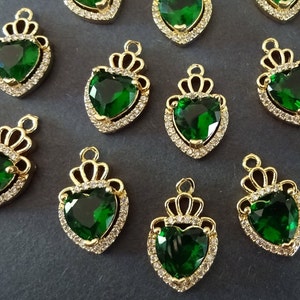 21x11mm Cubic Zirconia & Rhinestone Charm With Brass Metal, Light Gold, Heart and Crown Charm, Green Faceted Heart and Clear Cubic Zirconia