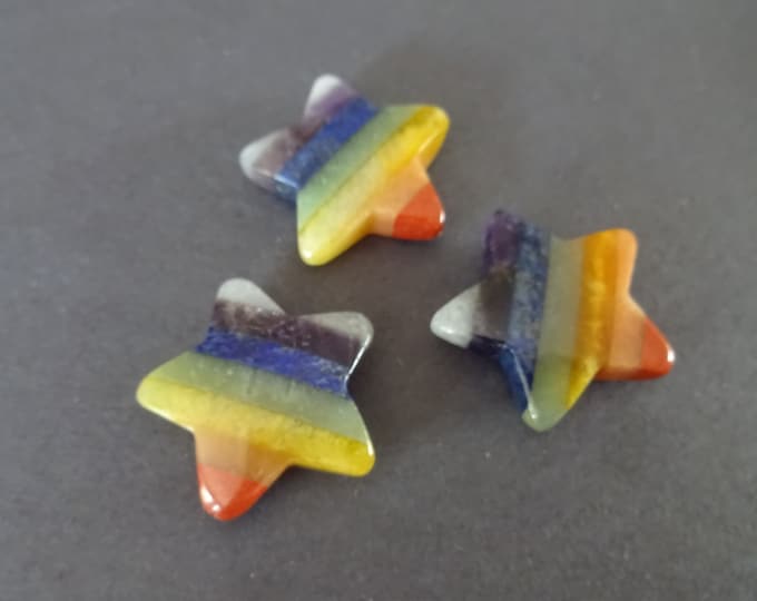 29.5x31mm Natural Gemstone Chakra Star Bead, HALF DRILLED, Large Star, Polished Chakra Jewelry, Mixed Stones, Rainbow, 7 Chakra Jewelry