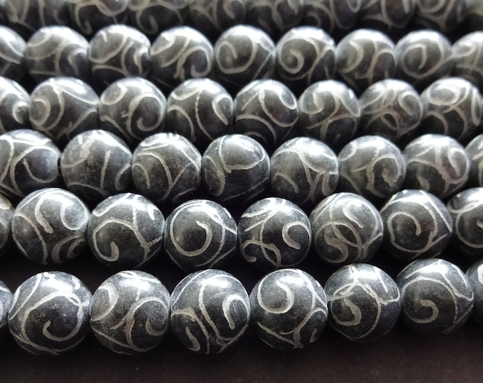 8mm Carved Natural Henan Jade Ball Beads, Dyed and Heated, 15 Inch Strand, About 52 Beads, Black With White Swirls, Black & White Ball Bead