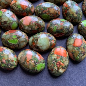 25x18mm Olive Green Regalite Cabochon, Dyed, Oval Cab, Polished Stone,Green & Orange, Stone Cab, Natural Gemstone, Green Mineral Crystal