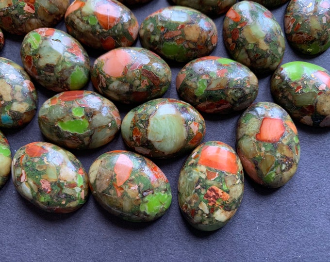 25x18mm Olive Green Regalite Cabochon, Dyed, Oval Cab, Polished Stone,Green & Orange, Stone Cab, Natural Gemstone, Green Mineral Crystal