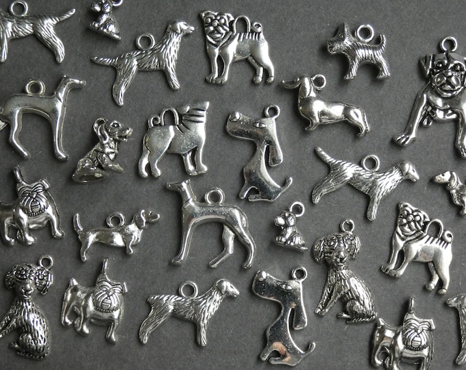 25 Pack 11-47mm Dog Alloy Metal Pendants, Antiqued Silver Color, Vintage Theme, Bohemian Jewelry, Dog Charm, Animal Necklace Pendant