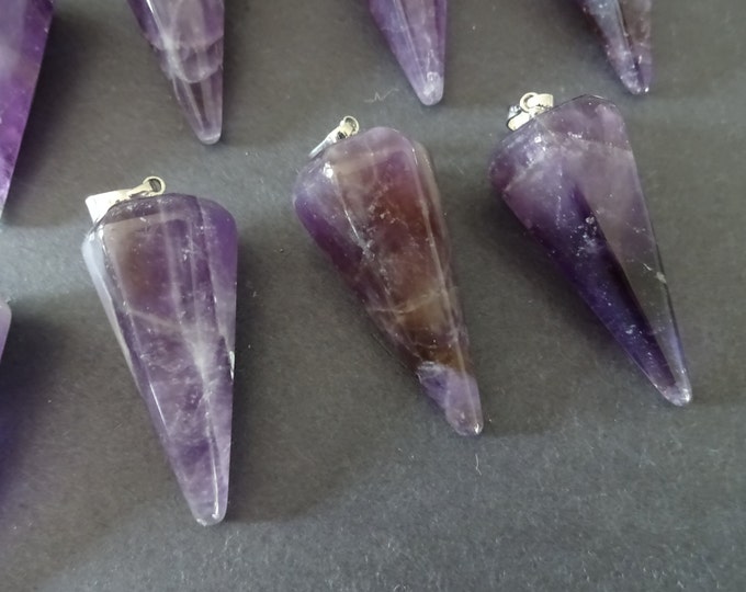 39-41mm Natural Amethyst Dowsing Pendulum Pendant, Brass Loop, Healing Stone Pendant, Purple Crystal Pendulum, Pointed Bullet Pendant